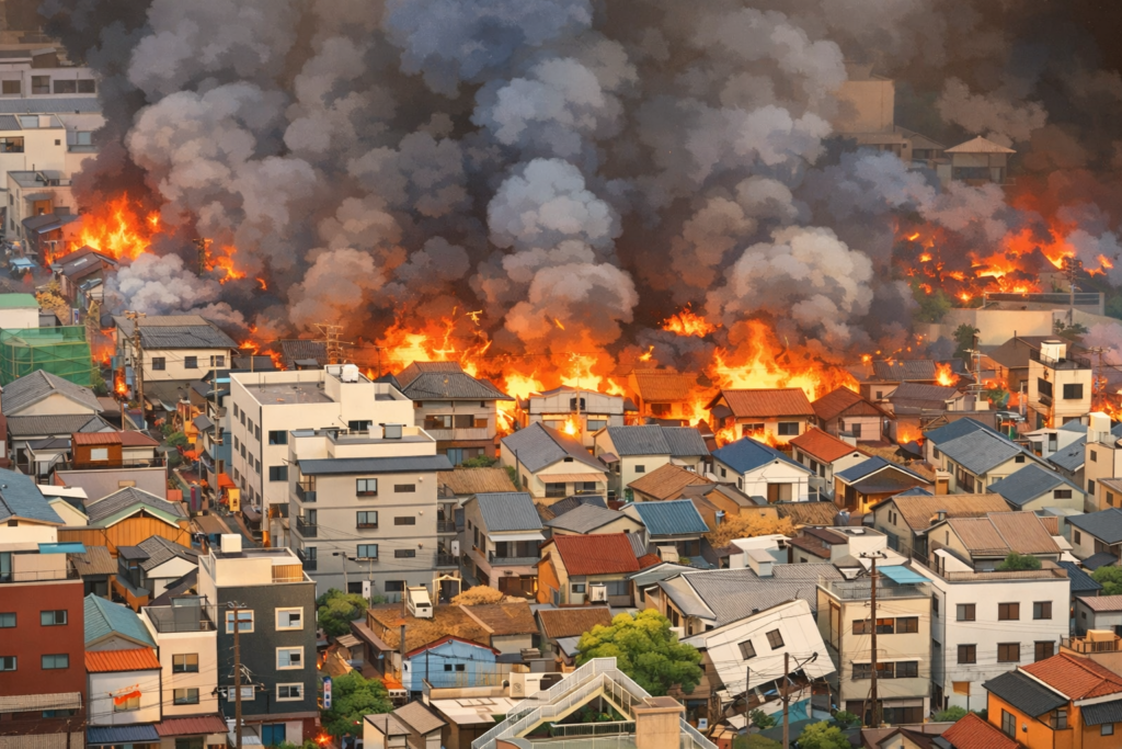 阪神淡路大震災で火の手が上がる神戸市(イラスト)